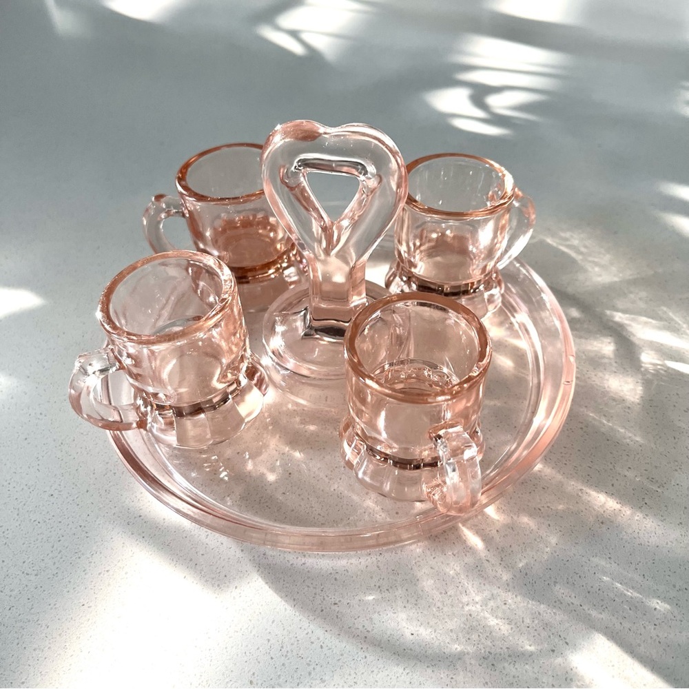 Pink Heart Vintage Glass Cordial Shot Set